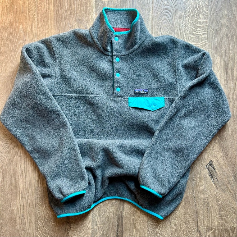 Patagonia Synchilla Charcoal and Turquoise Fleece Pullover Snap T Medium